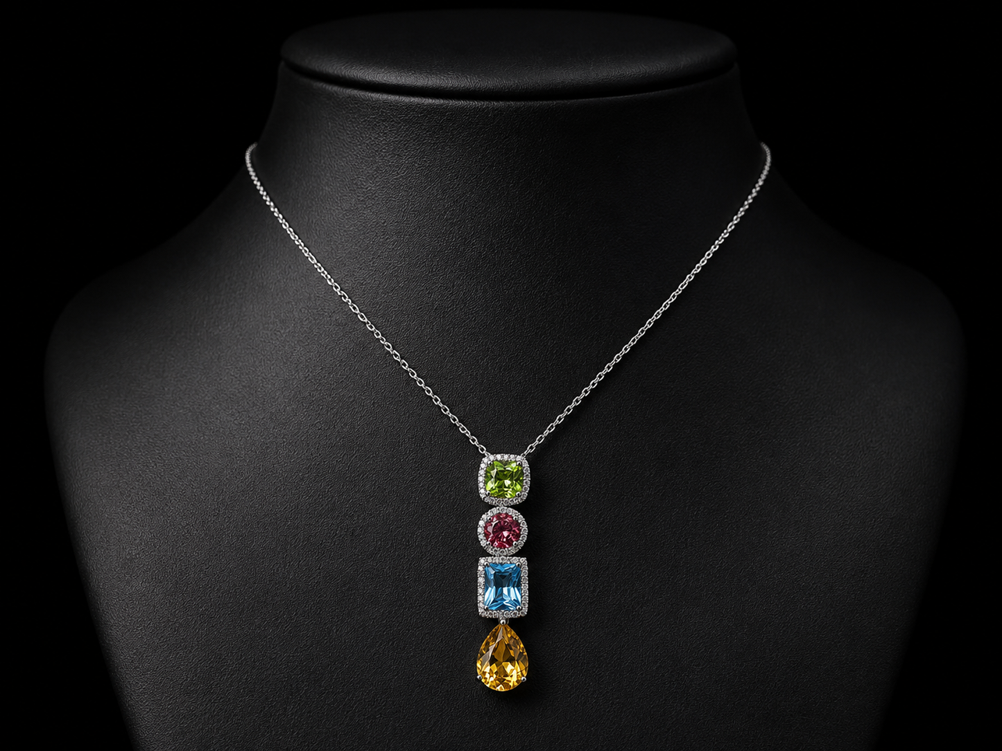 18K White Gold Multicolor Gemstone & Diamond Drop Pendant Necklace – 5.06 CTW Angelica Jewellers
