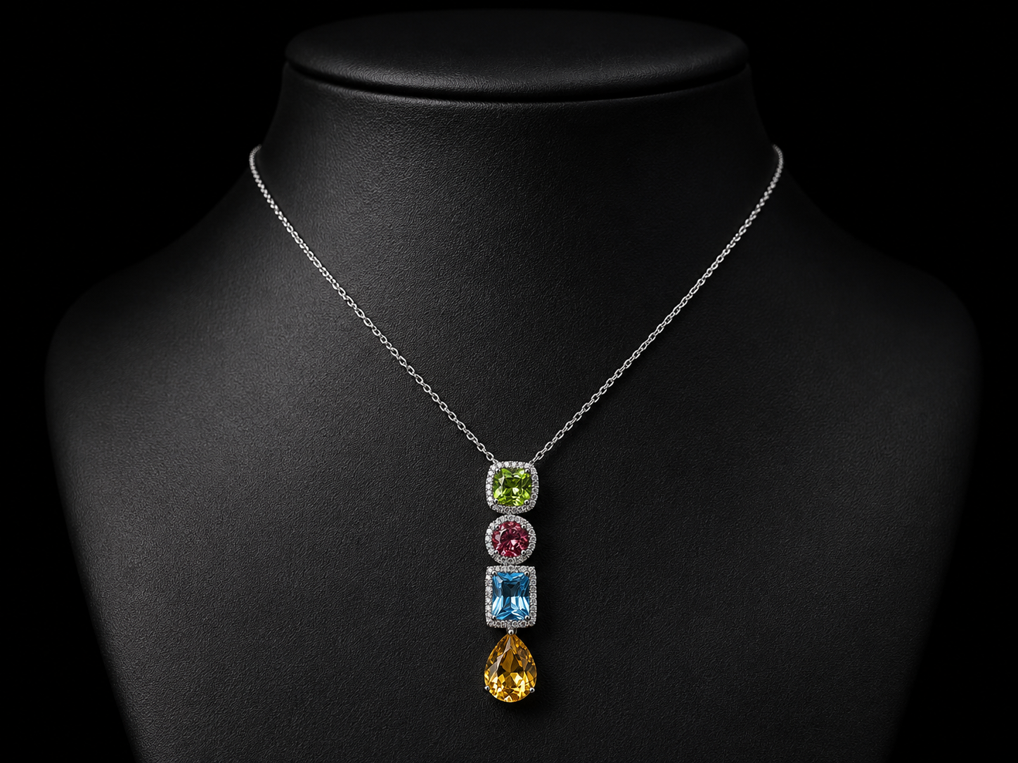 18K White Gold Multicolor Gemstone & Diamond Drop Pendant Necklace – 5.06 CTW Angelica Jewellers