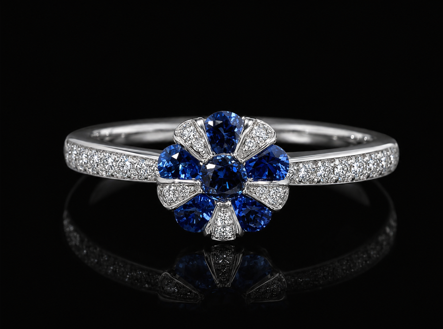 18K White Gold Natural Blue Sapphire & Diamond Floral Cocktail Ring