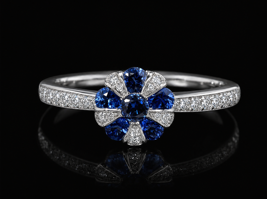 18K White Gold Natural Blue Sapphire & Diamond Floral Cocktail Ring