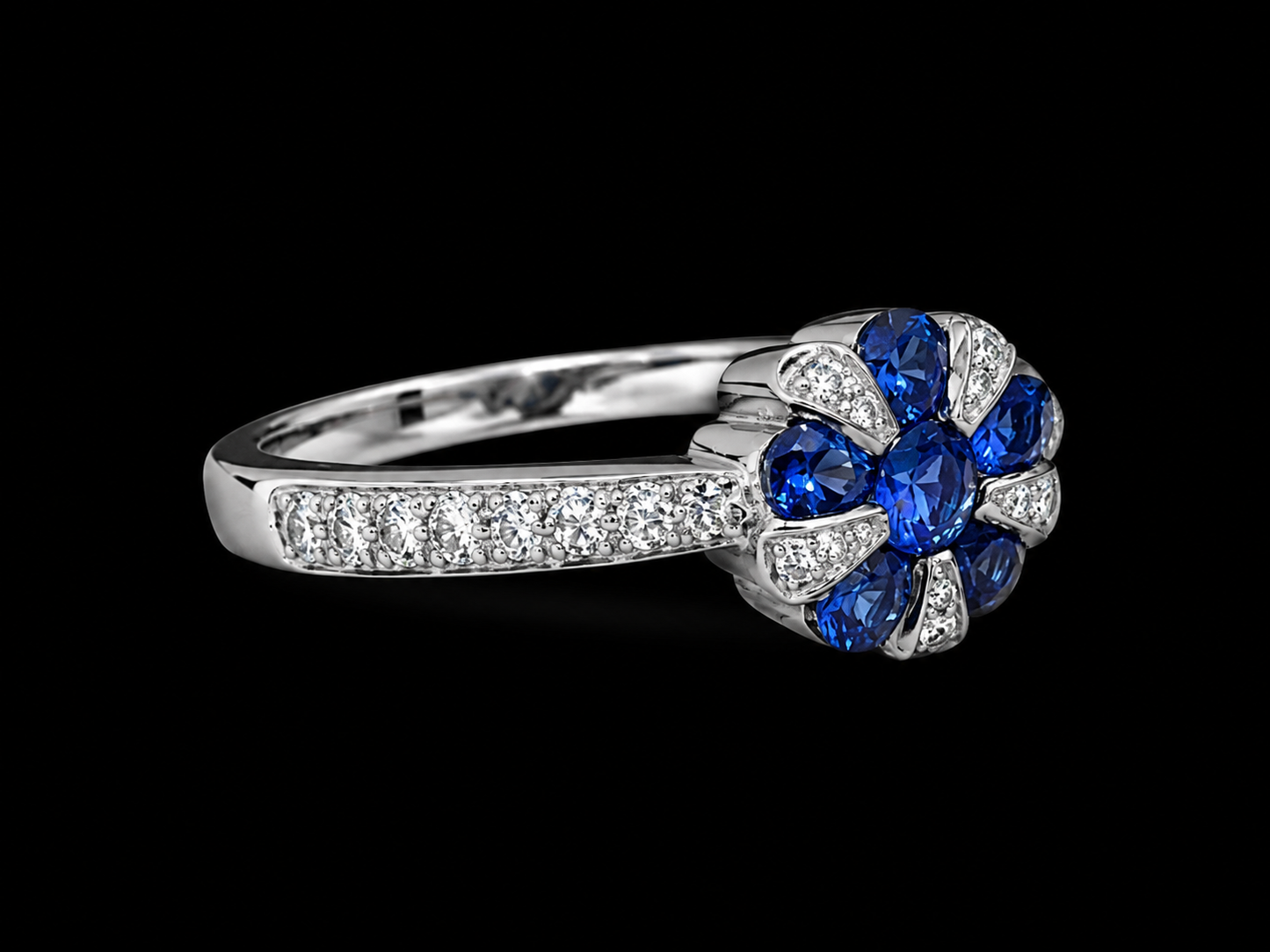 18K White Gold Natural Blue Sapphire & Diamond Floral Cocktail Ring