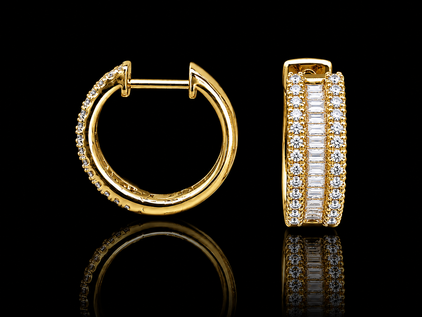 14K Yellow Gold Diamond Baguette & Round Diamond Hoop Earrings superbell