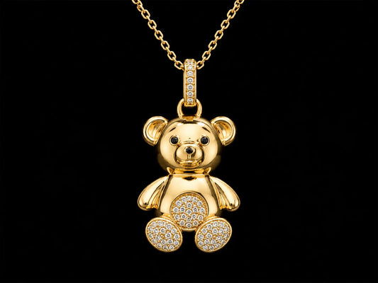 14K Yellow Gold Diamond Teddy Bear Pendant Necklace Angelica Jewellers