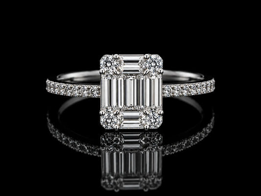 18K White Gold Natural Diamond Engagement Ring – Emerald & Round Diamond Trilogy Ring (0.64CT) Angelica Jewellers