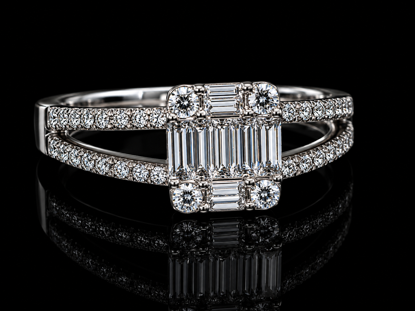 18K White Gold Natural Diamond Engagement Ring – Emerald & Round Diamond Trilogy Ring (0.64CT) (Copy) Angelica Jewellers