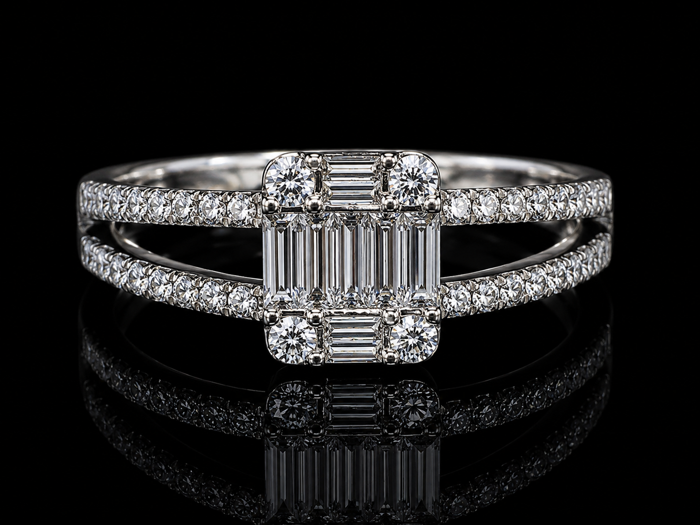18K White Gold Natural Diamond Engagement Ring – Emerald & Round Diamond Trilogy Ring (0.64CT) (Copy) Angelica Jewellers