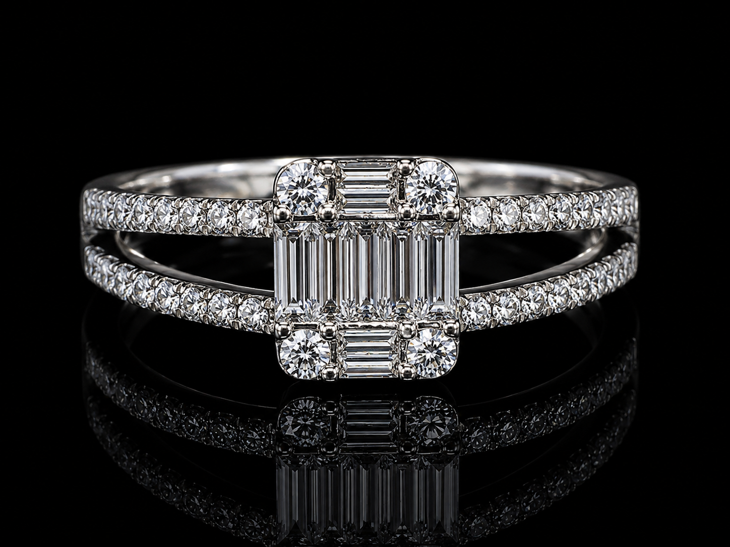 18K White Gold Natural Diamond Engagement Ring – Emerald & Round Diamond Trilogy Ring (0.64CT) (Copy) Angelica Jewellers
