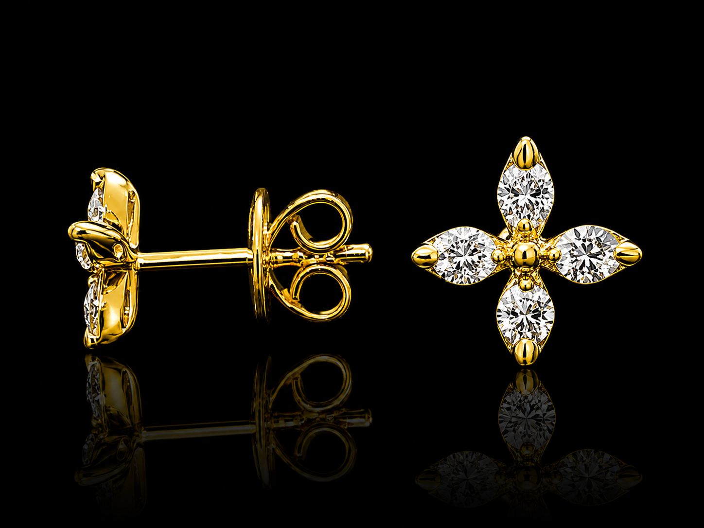 14K Yellow Gold Diamond Flower Stud Earrings – 0.34 CT Natural Diamonds superbell