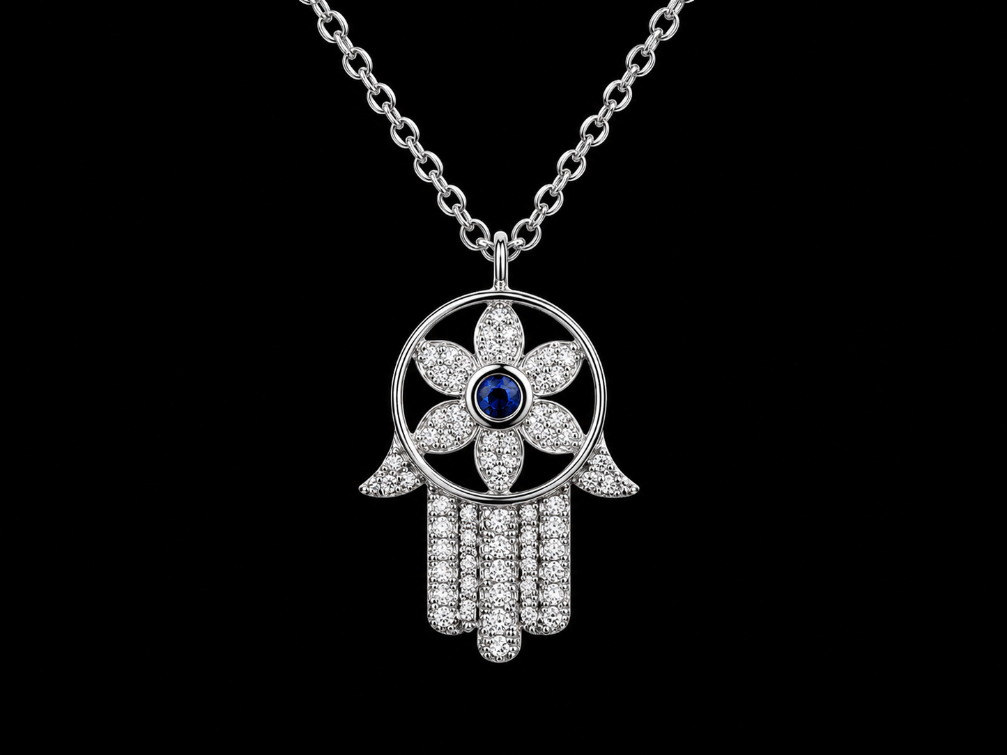 14K White Gold Diamond &amp; Blue Sapphire Floral Hamsa Necklace Angelica Jewellers