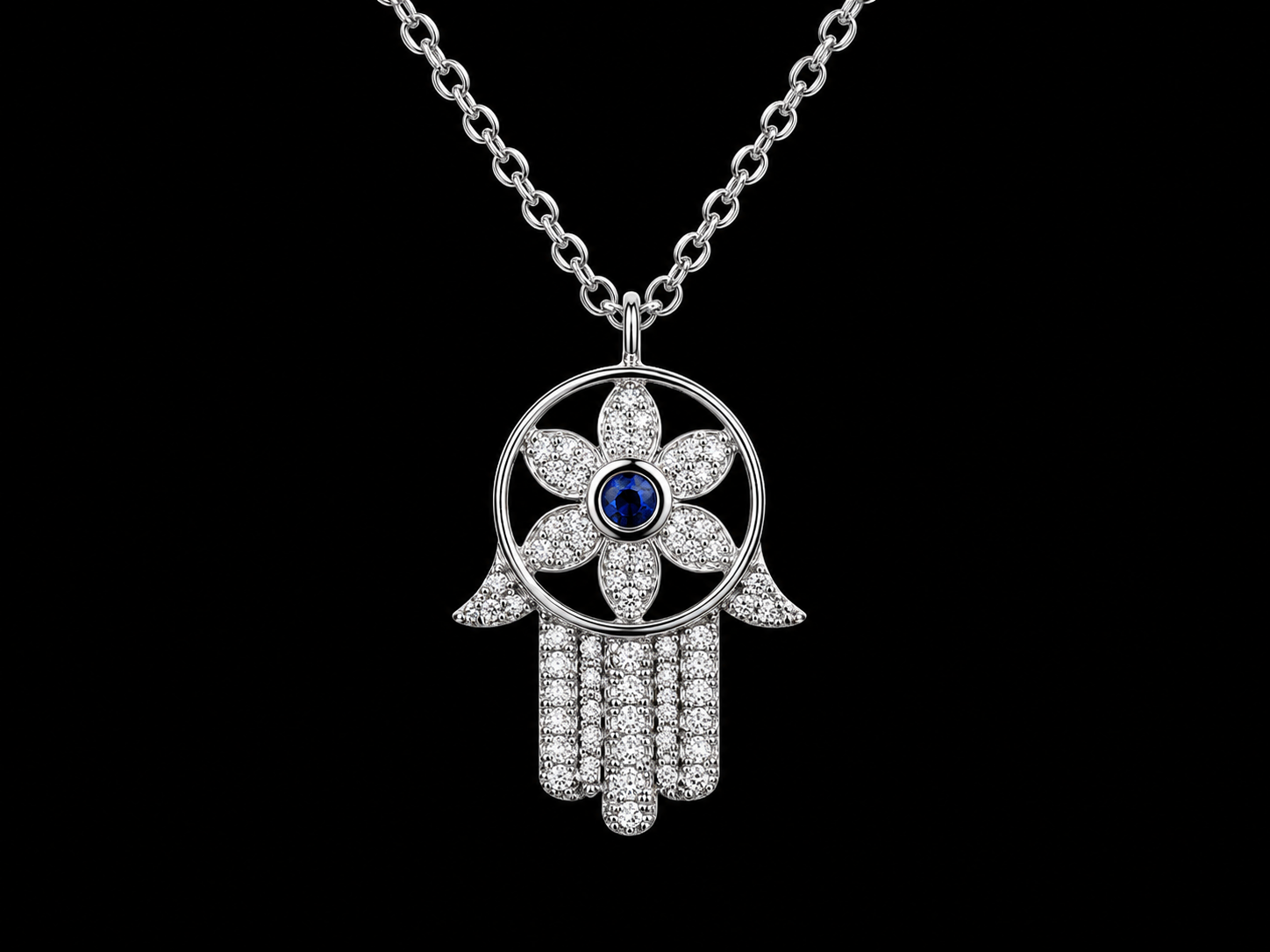 14K White Gold Diamond &amp; Blue Sapphire Floral Hamsa Necklace Angelica Jewellers