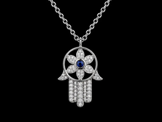 14K White Gold Diamond &amp; Blue Sapphire Floral Hamsa Necklace Angelica Jewellers