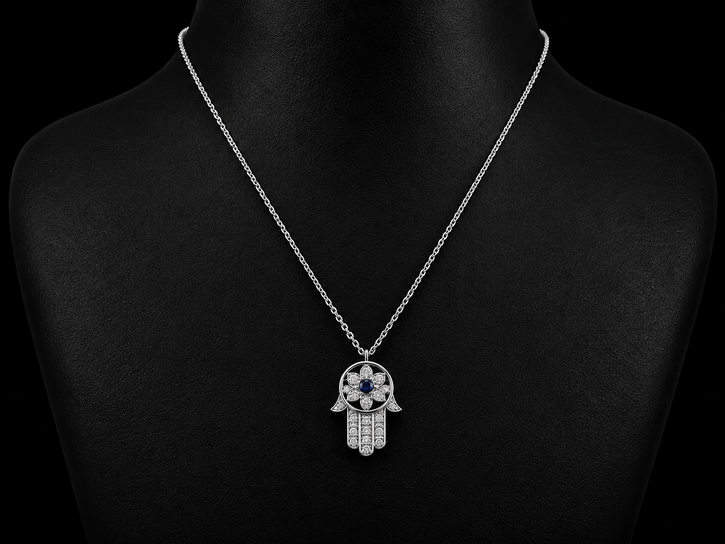 14K White Gold Diamond &amp; Blue Sapphire Floral Hamsa Necklace Angelica Jewellers