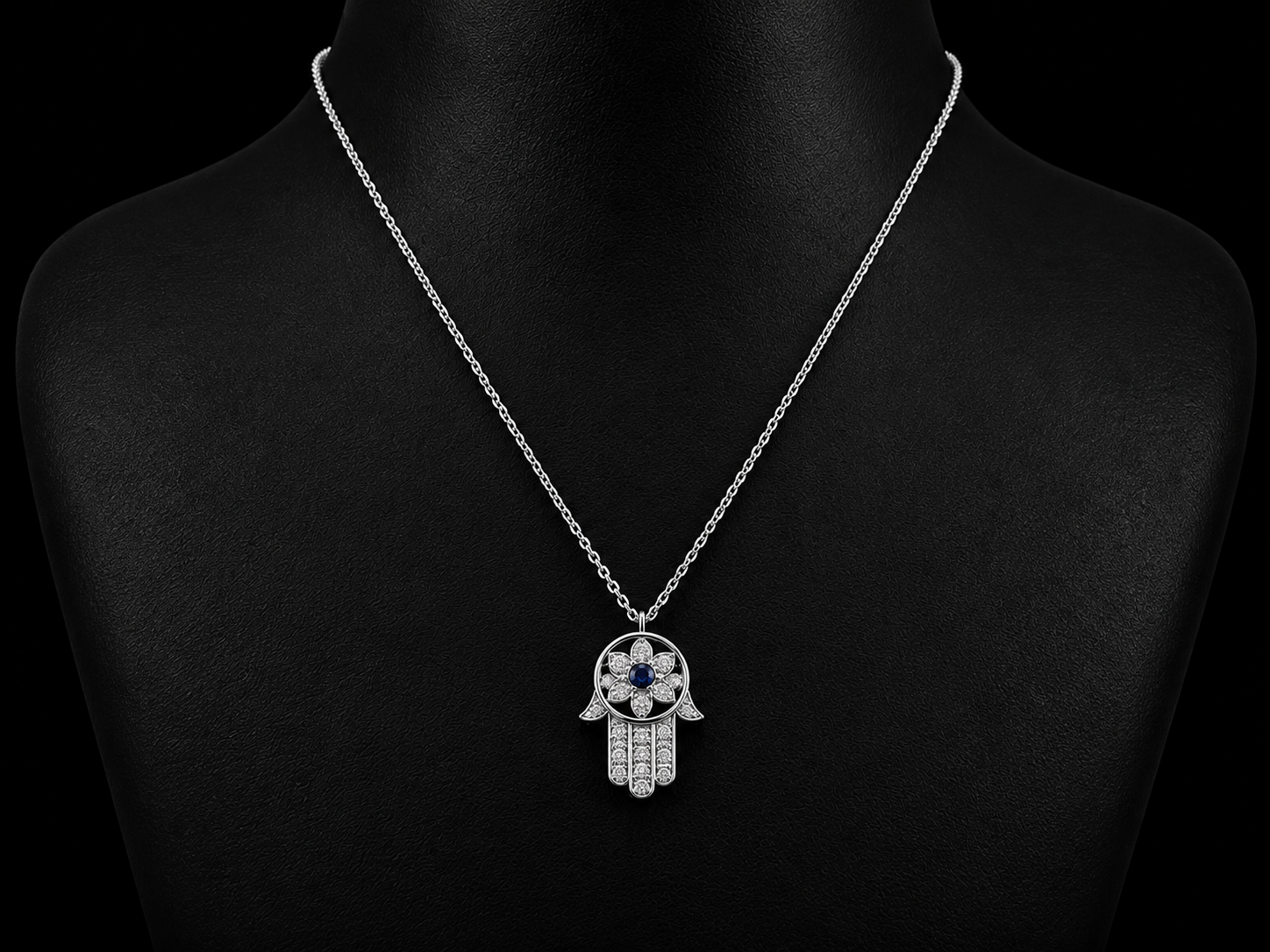 14K White Gold Diamond &amp; Blue Sapphire Floral Hamsa Necklace Angelica Jewellers