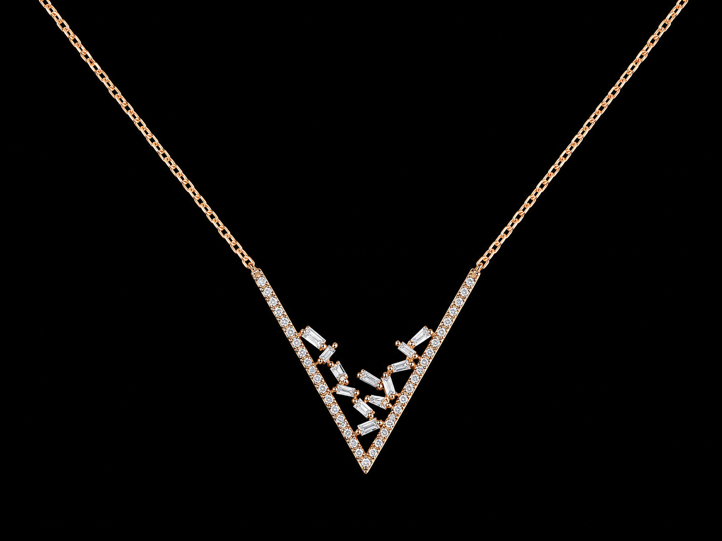 14K Rose Gold Diamond Chevron Necklace | Round &amp; Tapered Baguette Diamonds | 0.46 CTW Angelica Jewellers