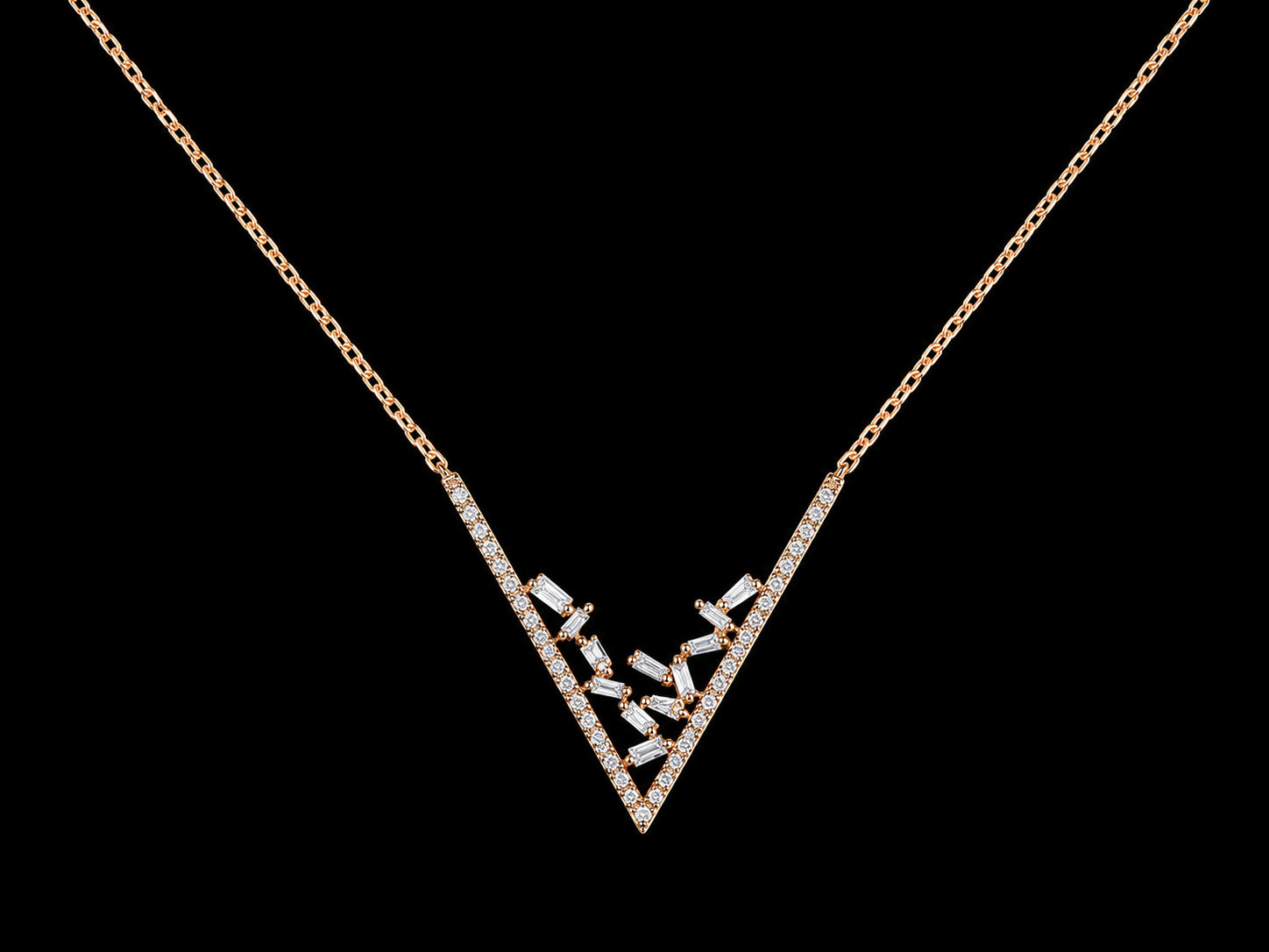 14K Rose Gold Diamond Chevron Necklace | Round &amp; Tapered Baguette Diamonds | 0.46 CTW Angelica Jewellers