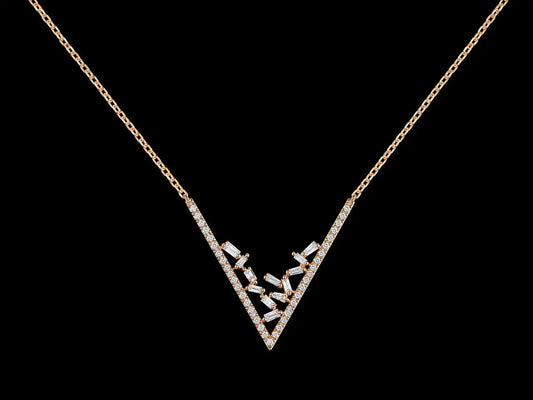 14K Rose Gold Diamond Chevron Necklace | Round & Tapered Baguette Diamonds | 0.46 CTW Angelica Jewellers
