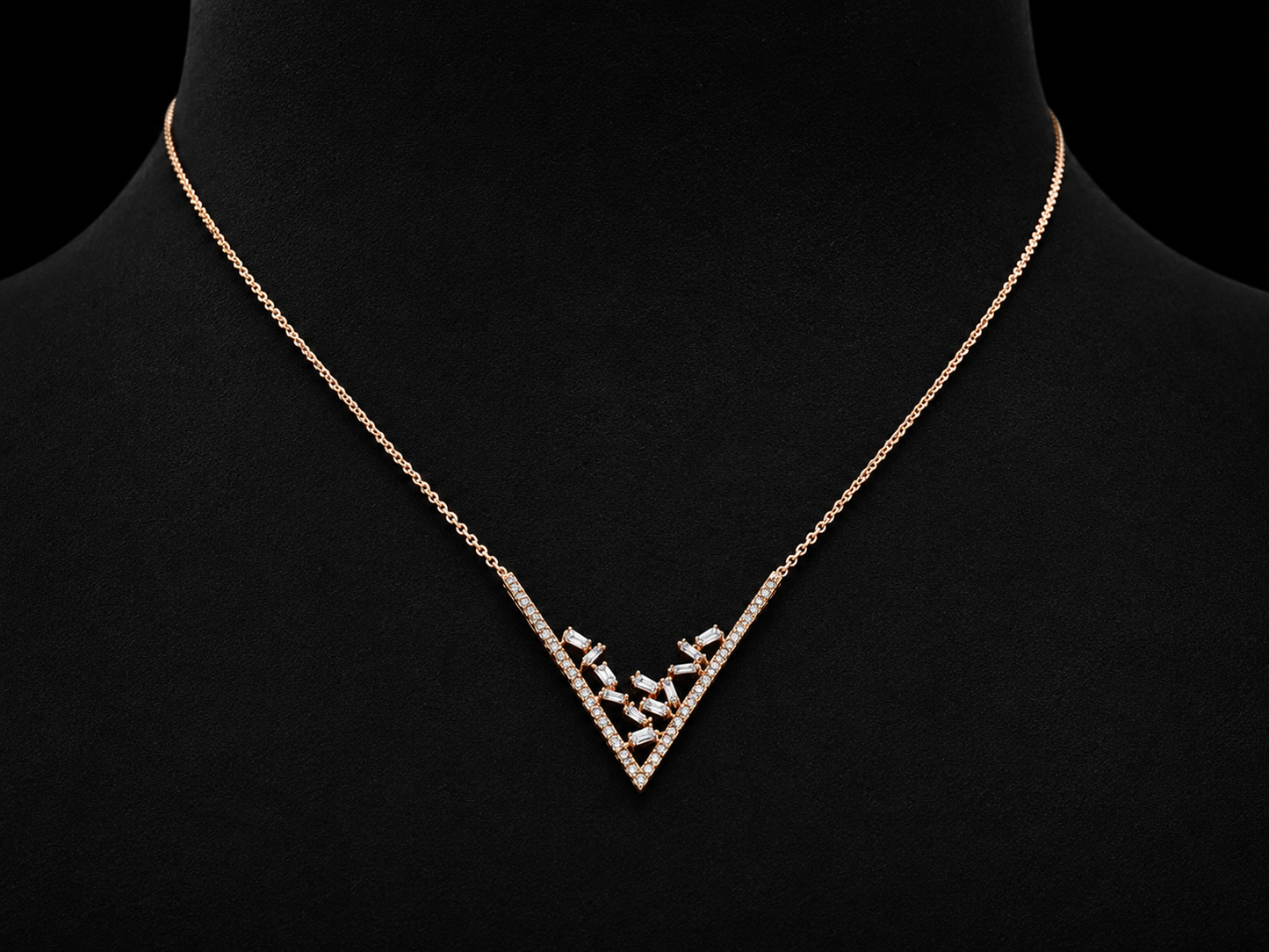 14K Rose Gold Diamond Chevron Necklace | Round &amp; Tapered Baguette Diamonds | 0.46 CTW Angelica Jewellers