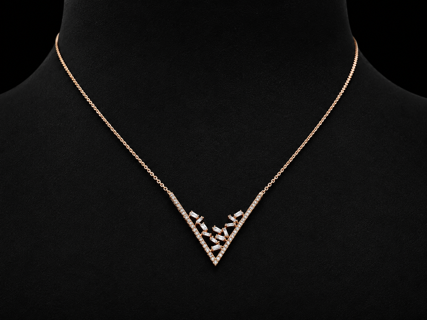 14K Rose Gold Diamond Chevron Necklace | Round &amp; Tapered Baguette Diamonds | 0.46 CTW Angelica Jewellers
