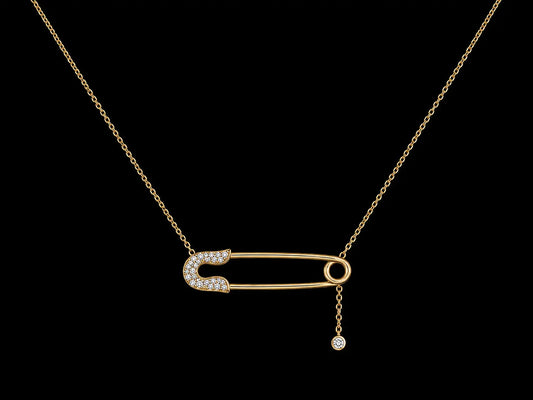 14K Yellow Gold Diamond Safety Pin Necklace | 0.07 CTW Natural Diamonds Angelica Jewellers