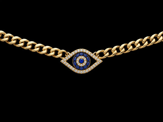 14K Yellow Gold Evil Eye Cuban Chain Necklace | Natural Diamonds &amp; Blue Sapphires | 4mm Cuban Link Angelica Jewellers