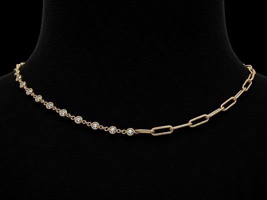 14K Yellow Gold Paper Clip &amp; Bezel Diamond Necklace | 1.05 CTW Natural VS Diamonds | 3-Way Convertible Design Angelica Jewellers