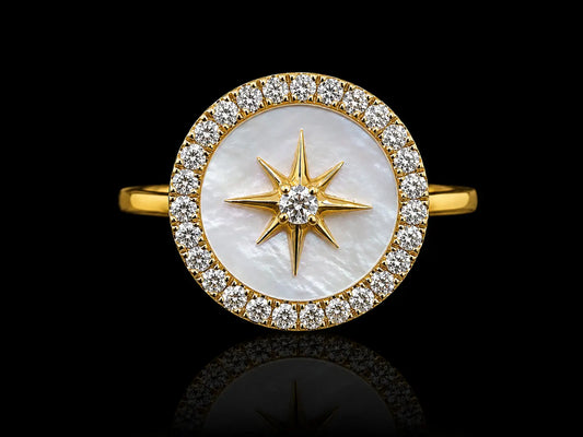 14K Yellow Gold Diamond &amp; Mother of Pearl Northern Star Signet Ring – 0.25 CT Natural Diamonds Angelica Jewellers