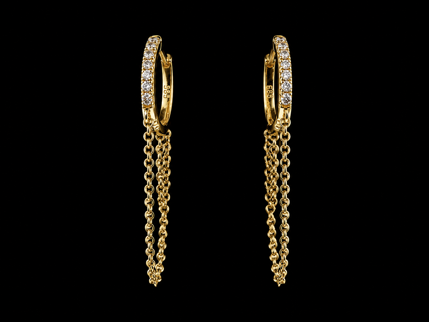 14KT Yellow Gold Diamond Double Chain Hoop Earrings – 0.07 CT VS/FG Diamonds | 12mm Huggie Hoops | 37mm Drop superbell