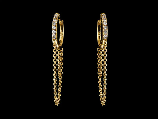14KT Yellow Gold Diamond Double Chain Hoop Earrings – 0.07 CT VS/FG Diamonds | 12mm Huggie Hoops | 37mm Drop superbell