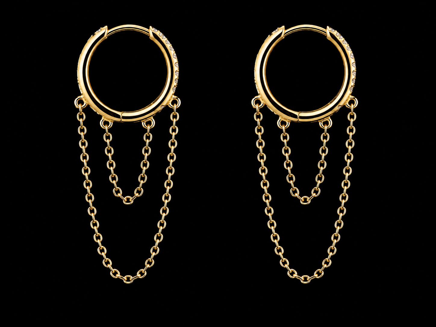 14KT Yellow Gold Diamond Double Chain Hoop Earrings – 0.07 CT VS/FG Diamonds | 12mm Huggie Hoops | 37mm Drop superbell