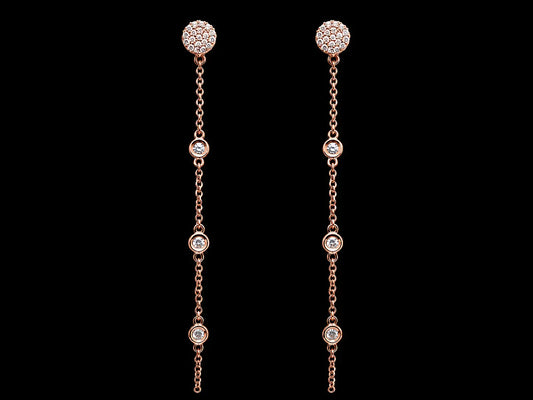 14KT Rose Gold Dangling Diamond Earrings – 0.19 CT Total VS F-G Natural Diamonds, Round Pavé Cluster with Bezel Diamond Stations, 61mm superbell