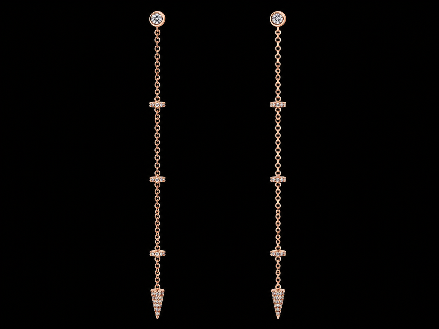 14KT Rose Gold Dangling Diamond Earrings – 0.27 CT Total SI/VS F-G Natural Diamonds, Pavé Diamond Stations, 78mm superbell