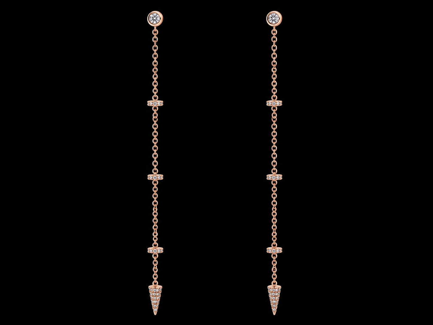 14KT Rose Gold Dangling Diamond Earrings – 0.27 CT Total SI/VS F-G Natural Diamonds, Pavé Diamond Stations, 78mm superbell