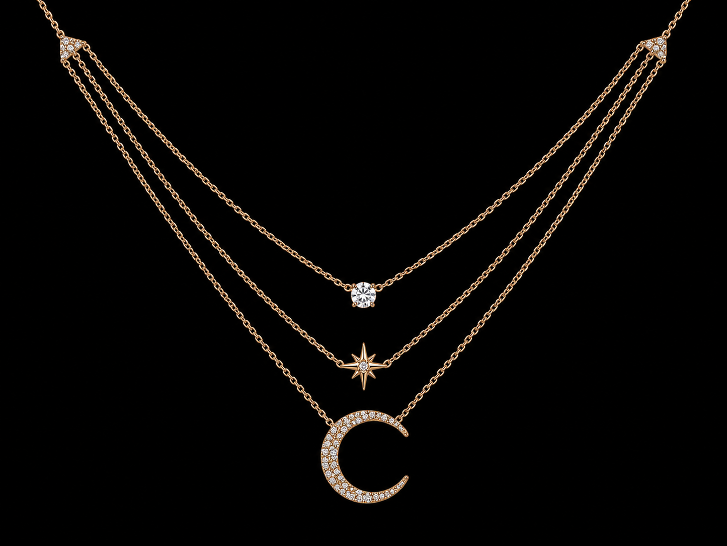 14K Yellow Gold Diamond Moon & Star Triple Layered Necklace – 0.25 CTW Natural Diamonds | SI Clarity, G-H Color Angelica Jewellers