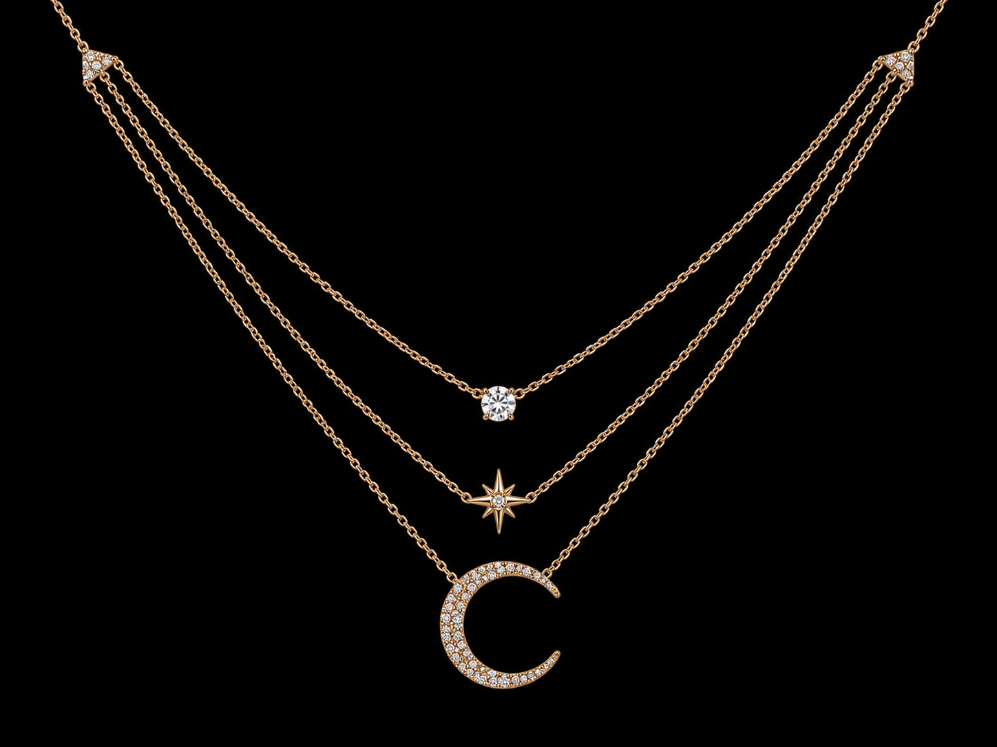 14K Yellow Gold Diamond Moon & Star Triple Layered Necklace – 0.25 CTW Natural Diamonds | SI Clarity, G-H Color Angelica Jewellers