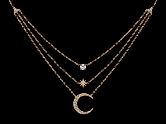 14K Yellow Gold Diamond Moon & Star Triple Layered Necklace – 0.25 CTW Natural Diamonds | SI Clarity, G-H Color Angelica Jewellers