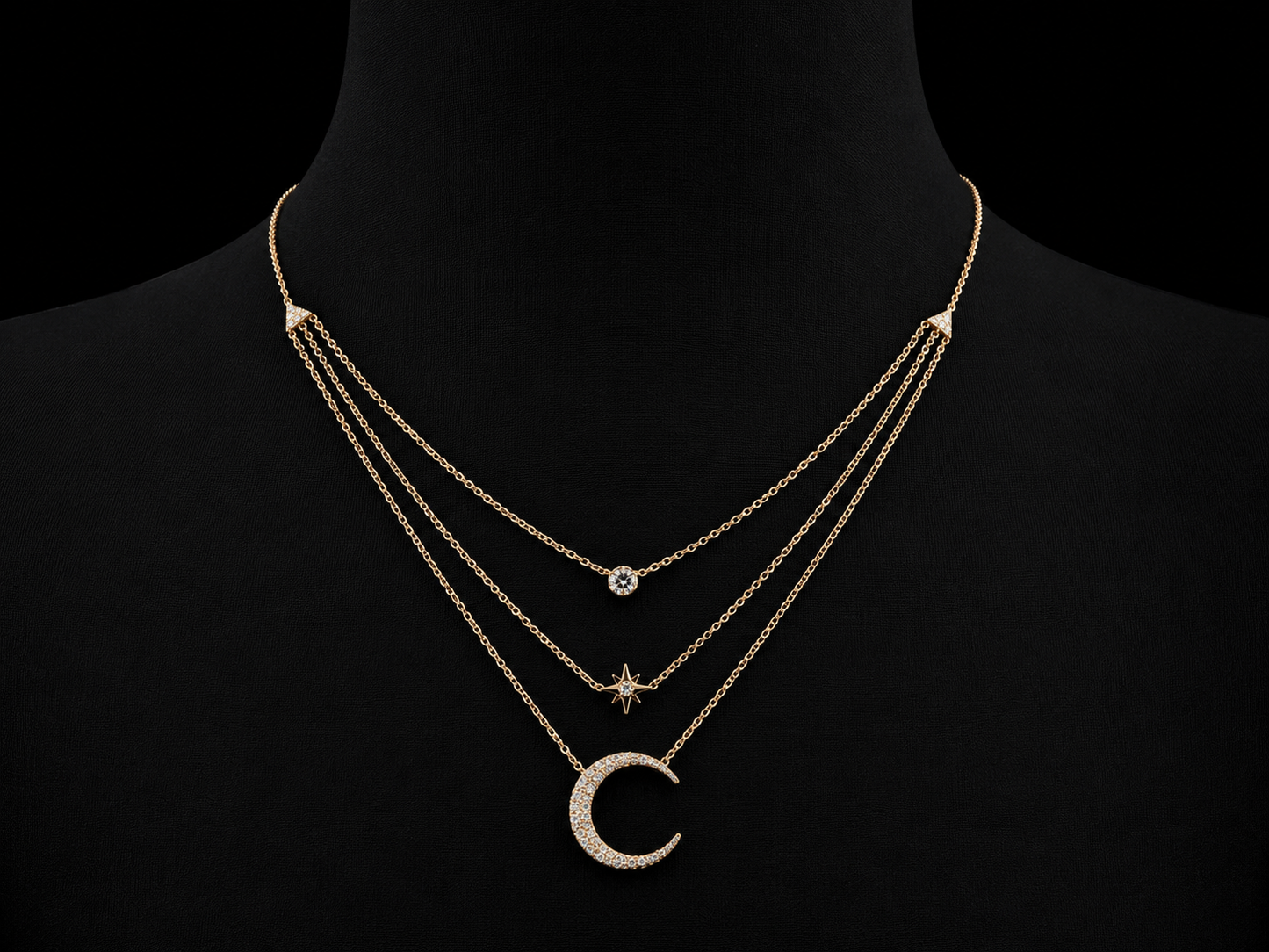 14K Yellow Gold Diamond Moon & Star Triple Layered Necklace – 0.25 CTW Natural Diamonds | SI Clarity, G-H Color Angelica Jewellers