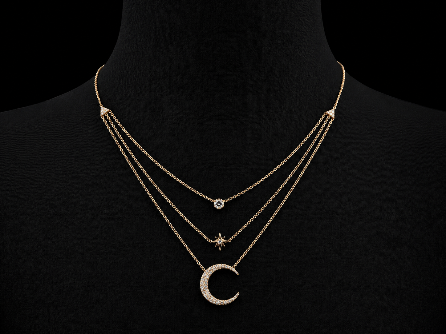 14K Yellow Gold Diamond Moon & Star Triple Layered Necklace – 0.25 CTW Natural Diamonds | SI Clarity, G-H Color Angelica Jewellers