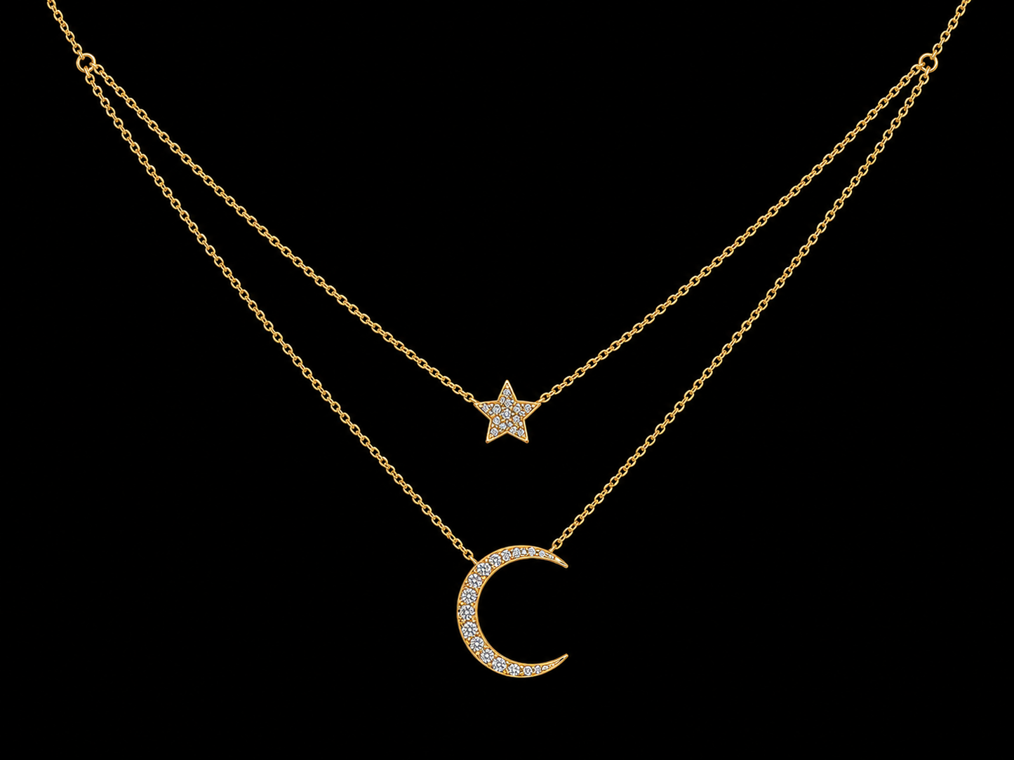 14K Yellow Gold Diamond Moon & Star Layered Necklace – 0.17 CTW Natural Diamonds | SI Clarity, G-H Color Angelica Jewellers