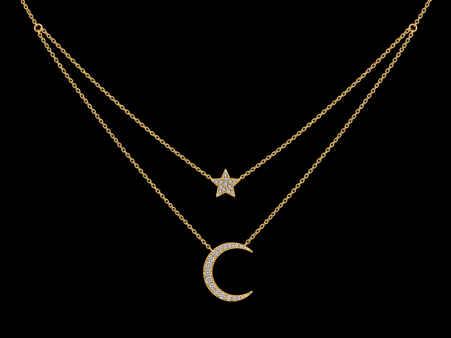 14K Yellow Gold Diamond Moon & Star Layered Necklace – 0.17 CTW Natural Diamonds | SI Clarity, G-H Color Angelica Jewellers