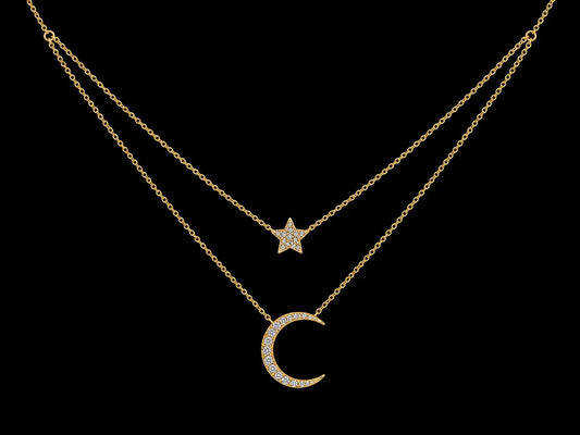 14K Yellow Gold Diamond Moon & Star Layered Necklace – 0.17 CTW Natural Diamonds | SI Clarity, G-H Color Angelica Jewellers