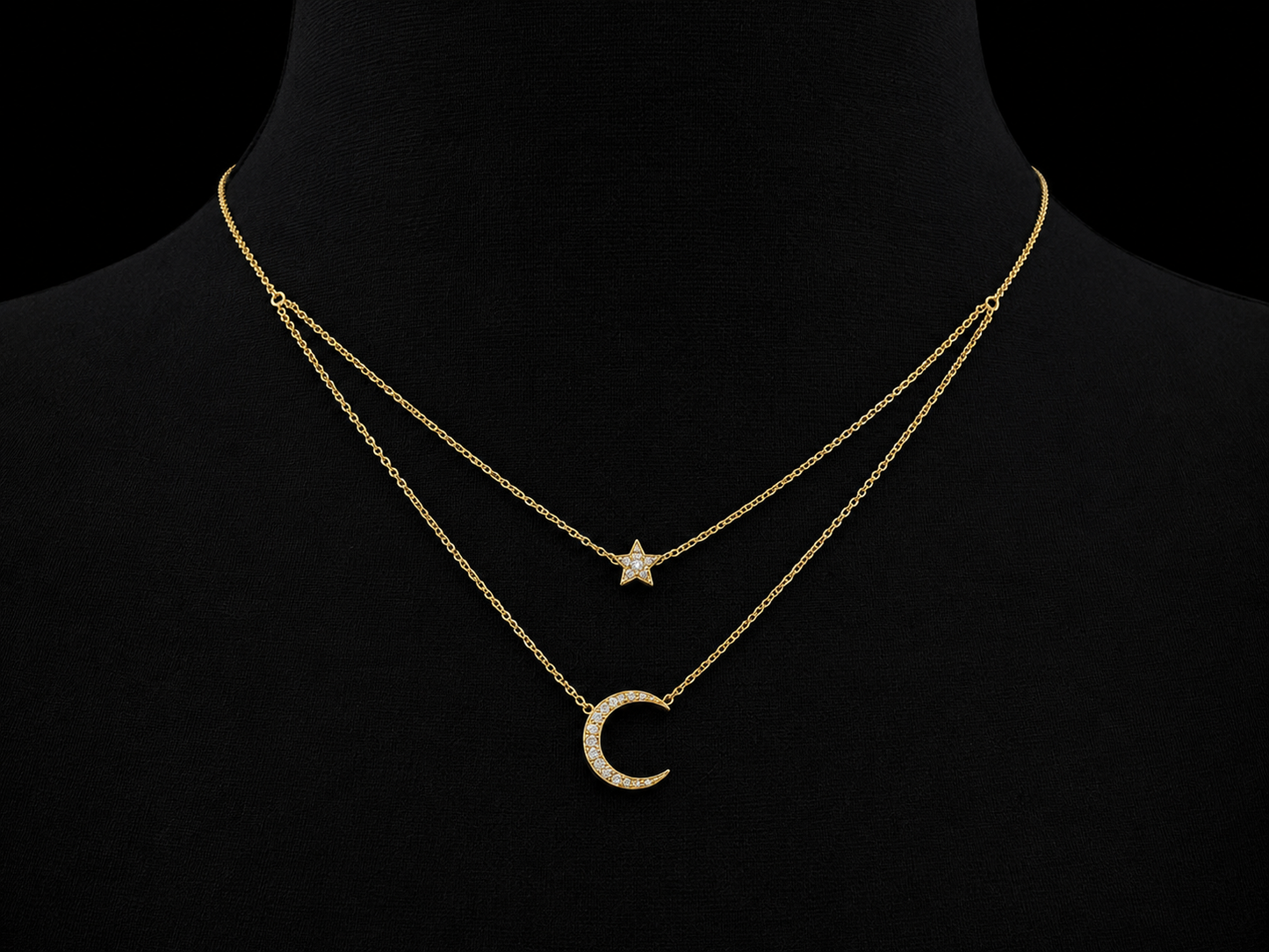 14K Yellow Gold Diamond Moon & Star Layered Necklace – 0.17 CTW Natural Diamonds | SI Clarity, G-H Color Angelica Jewellers