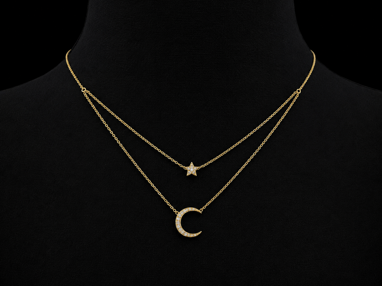14K Yellow Gold Diamond Moon & Star Layered Necklace – 0.17 CTW Natural Diamonds | SI Clarity, G-H Color Angelica Jewellers