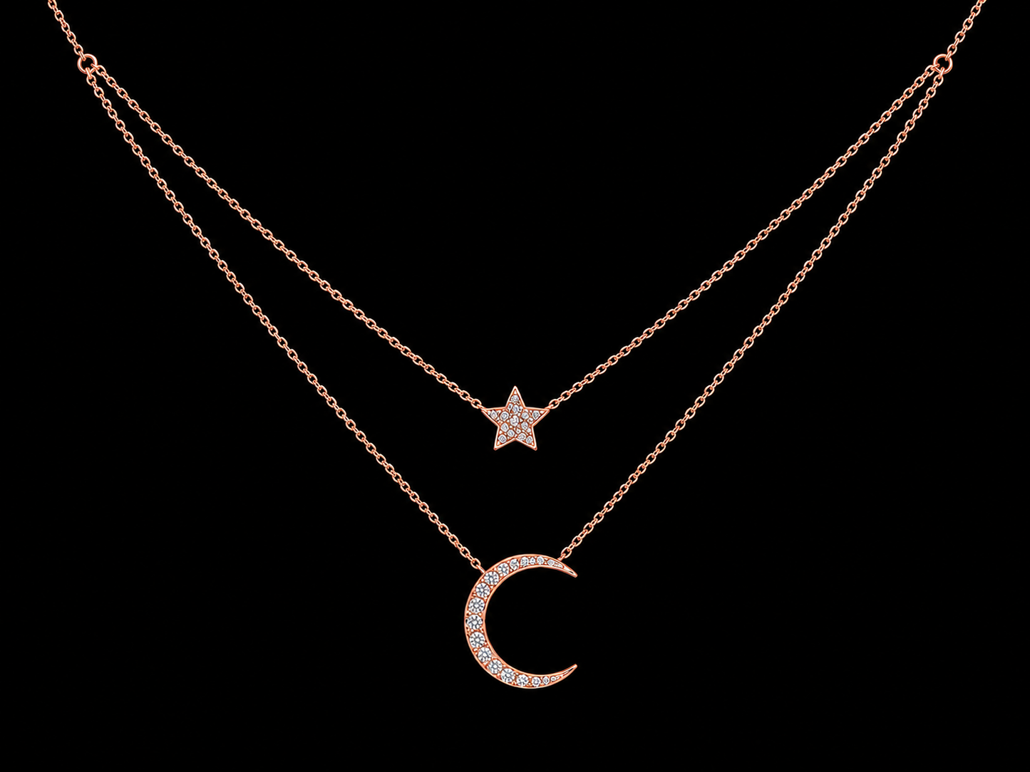 14K Rose Gold Diamond Moon & Star Layered Necklace – 0.17 CTW Natural Diamonds | SI Clarity, G-H Color Angelica Jewellers