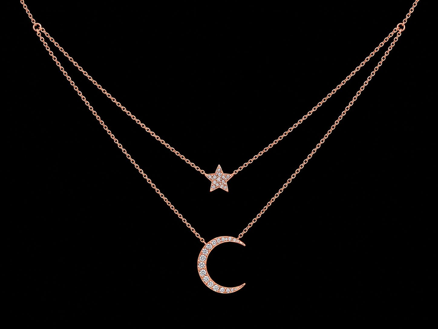 14K Rose Gold Diamond Moon & Star Layered Necklace – 0.17 CTW Natural Diamonds | SI Clarity, G-H Color Angelica Jewellers