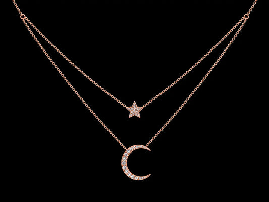 14K Rose Gold Diamond Moon & Star Layered Necklace – 0.17 CTW Natural Diamonds | SI Clarity, G-H Color Angelica Jewellers