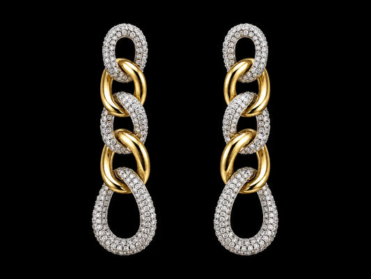 18K Yellow &amp; White Gold Cuban Link Diamond Drop Earrings – 1.70 CT Natural Diamonds superbell