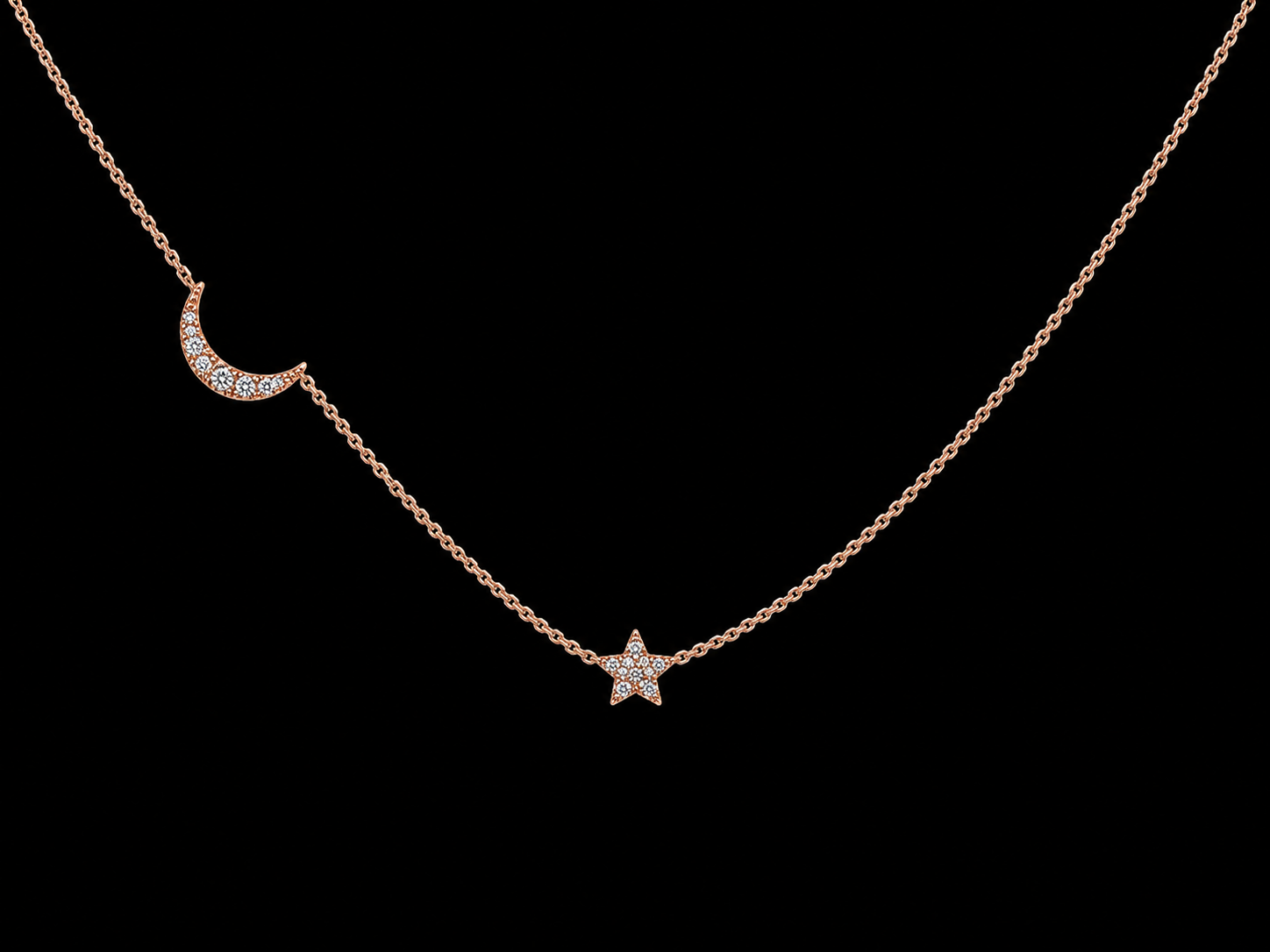 14K Rose Gold Diamond Moon &amp; Star Necklace – 0.09 CTW Natural Diamonds Angelica Jewellers