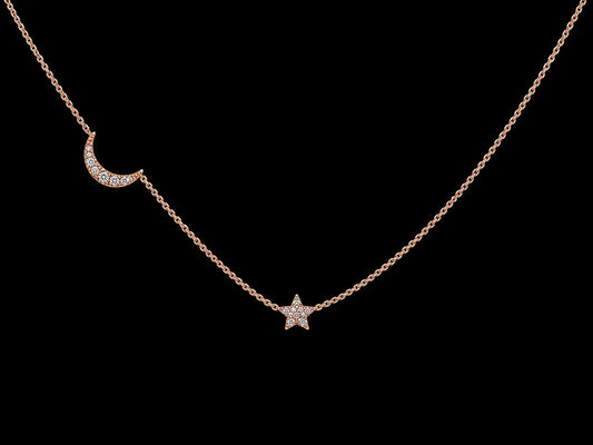 14K Rose Gold Diamond Moon & Star Necklace – 0.09 CTW Natural Diamonds Angelica Jewellers