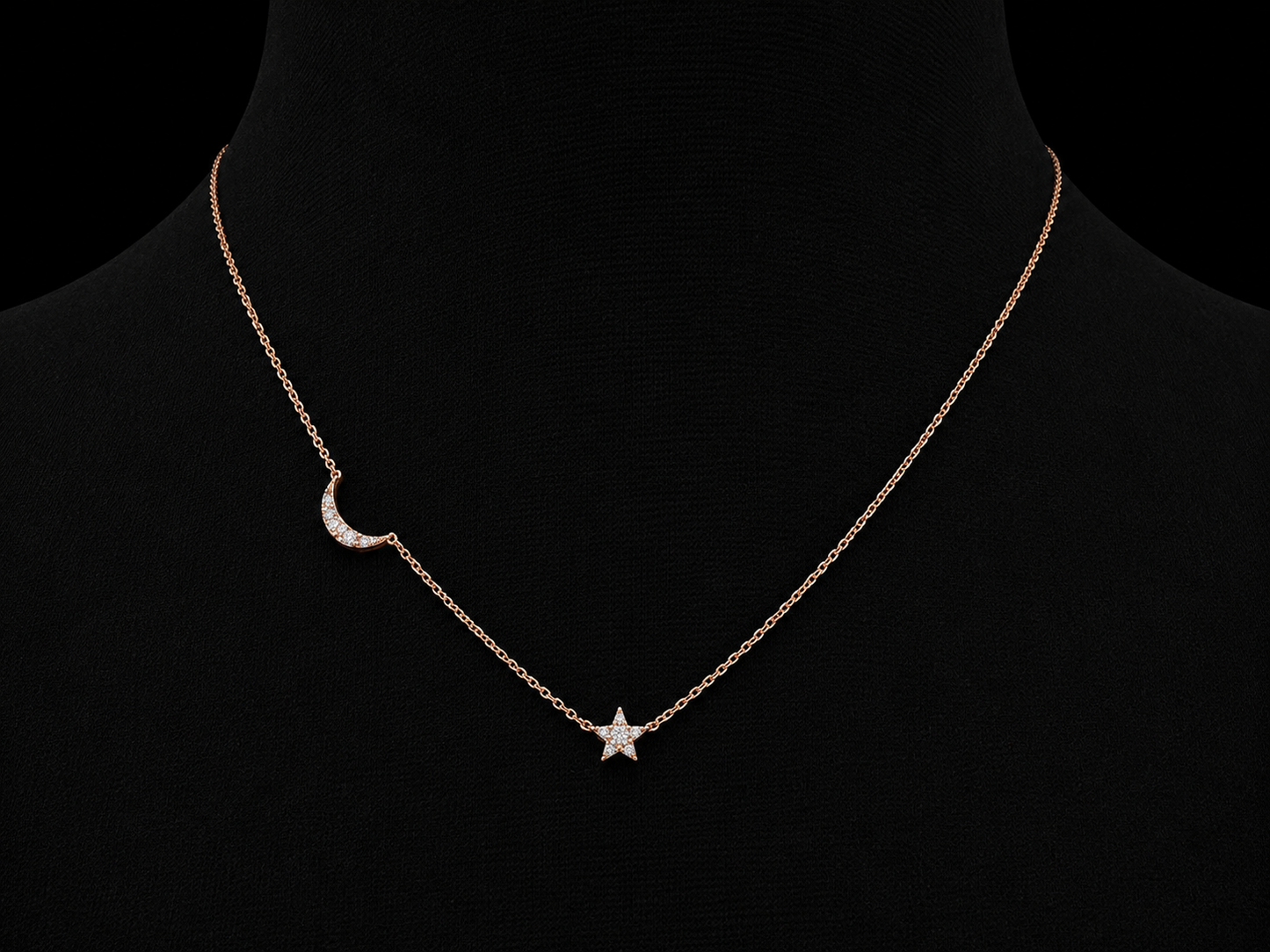 14K Rose Gold Diamond Moon &amp; Star Necklace – 0.09 CTW Natural Diamonds Angelica Jewellers