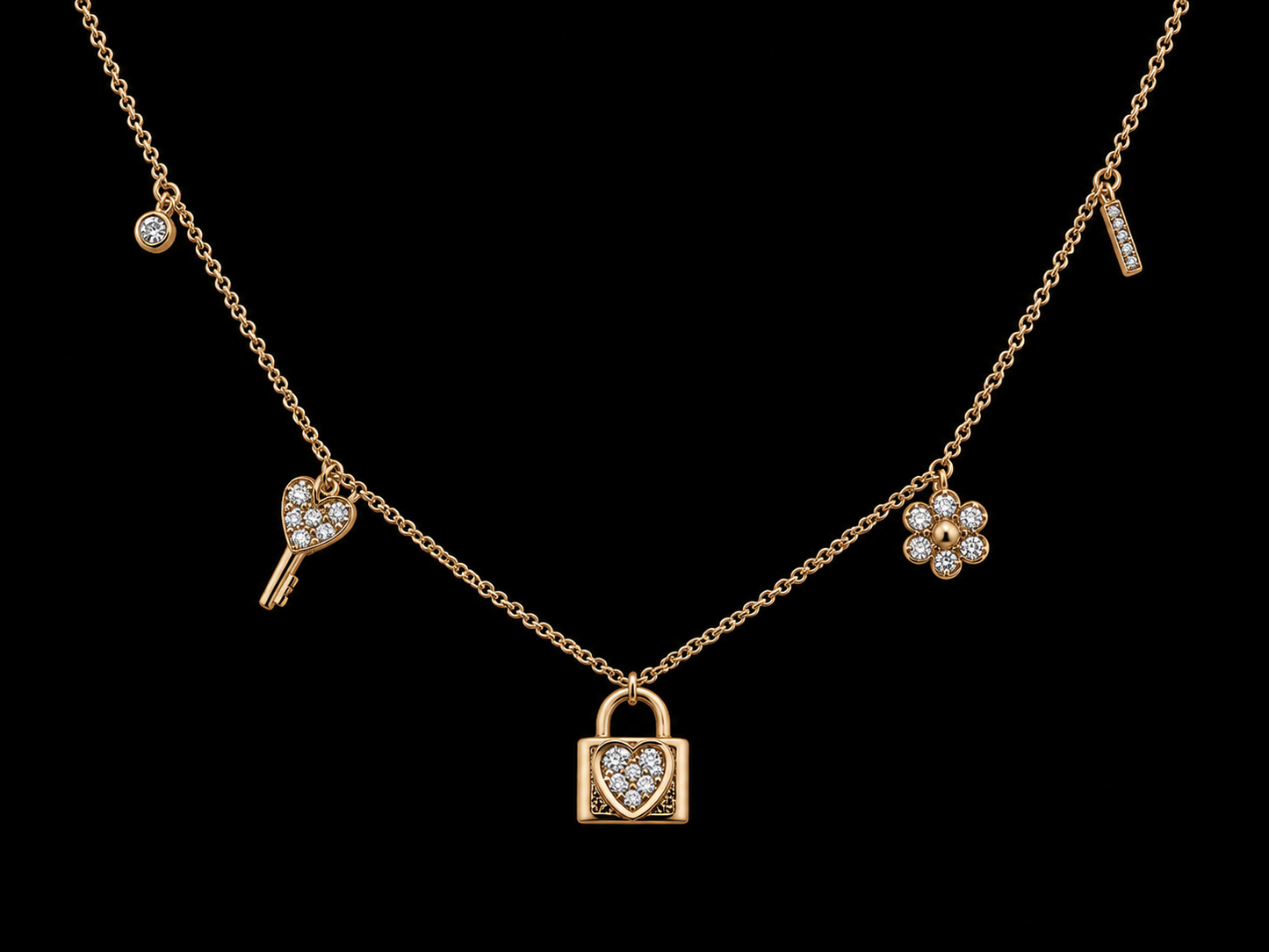 14K Yellow Gold Diamond Dangling Charms Necklace – Heart Lock, Heart Key & Lucky Charms | 0.13 CTW SI G-H Angelica Jewellers